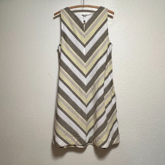 Liz Claiborne Linen Blend Sleeveless Aline Chevron Dress Grey Yellow Womens Med - Picture 9 of 11
